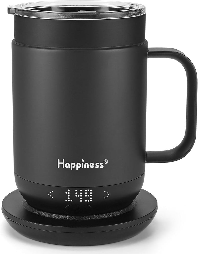 HAPPINESS كوب القهوة الذكي المدفأ، 16 أونصة، كوب قهوة كهربائي قابل لإعادة الشحن مع تحكم في درجة الحرارة - Image 1